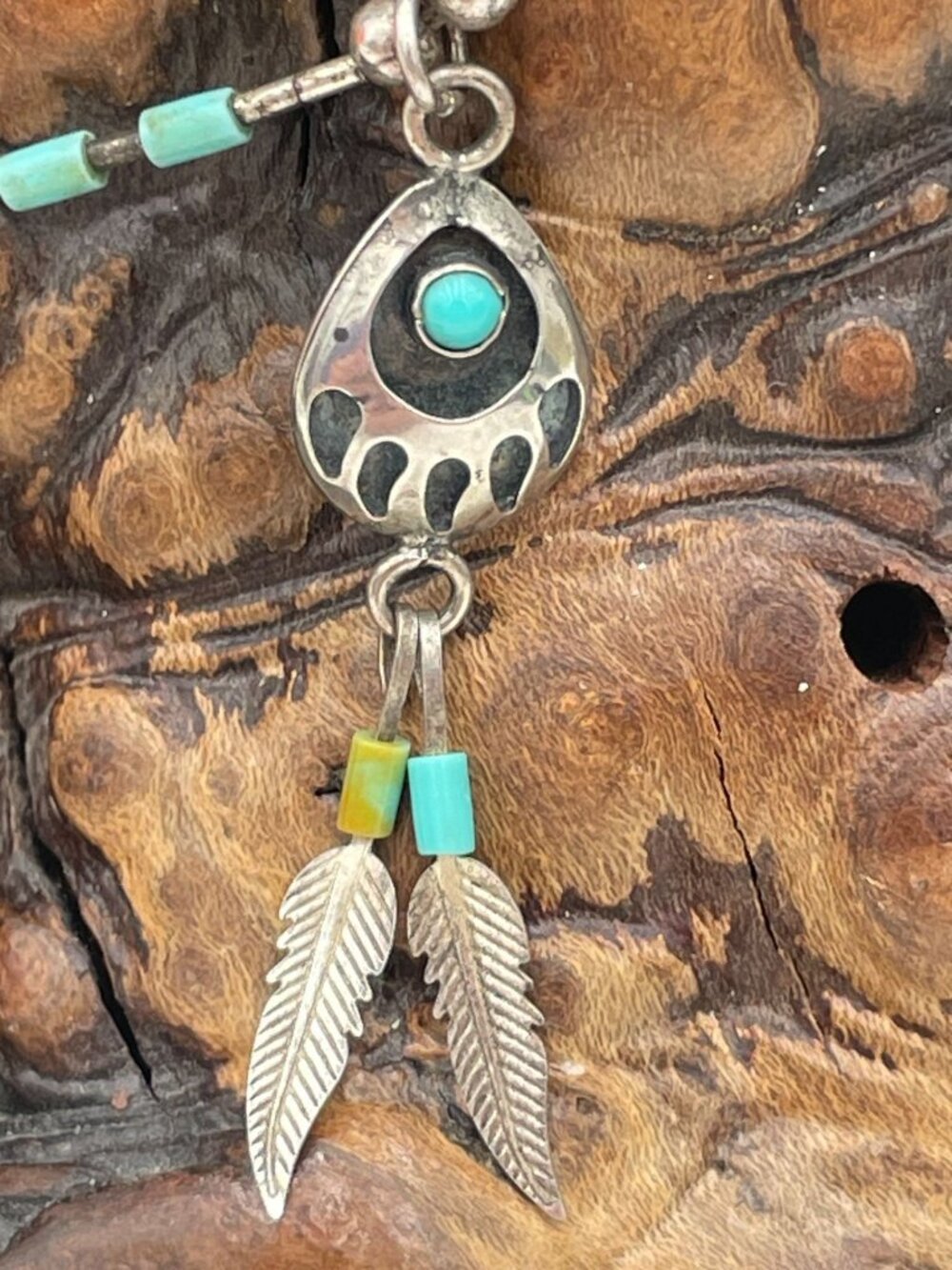 Sterling Silver Turquoise Bead & Feather Pendant Necklace Native Bear Claw